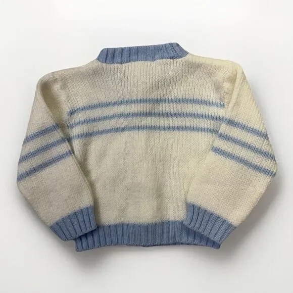 Vintage Baby Cardigan Sweater Train Knit 12 Months Blue White Cradles Sweet - Picture 5 of 7